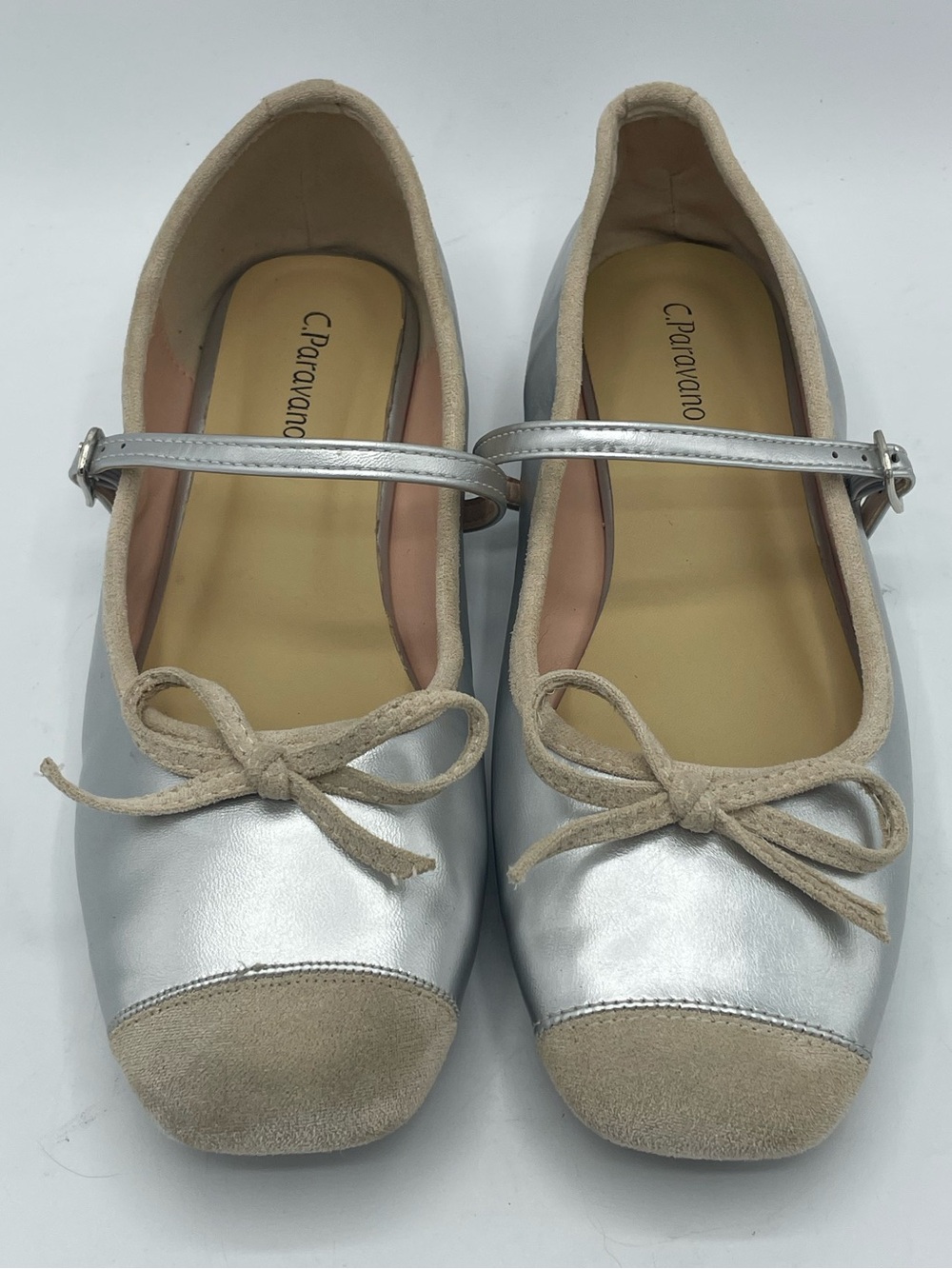 C. Paravano Clara Silver Mary Jane Ballet Flats with Beige Suede Trim and Bow. - Picture 5 of 11